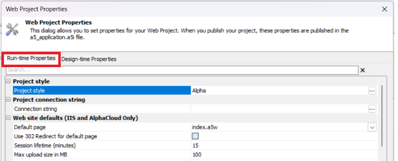 Web Project Properties Run-time Properties tab
